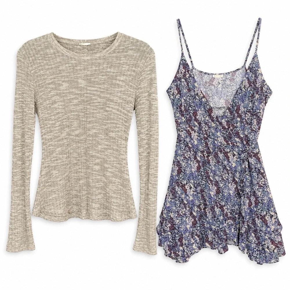 Free People Women's 2 Piece Bundle Long Sleeve Knit Top + Floral tank top small